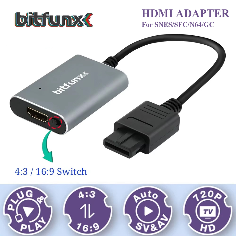 Retro Gaming Emulator - Bitfunx 720P Svideo/AV ไปยังอะแดปเตอร์ HDMI ตัวแปลงวิดีโอ